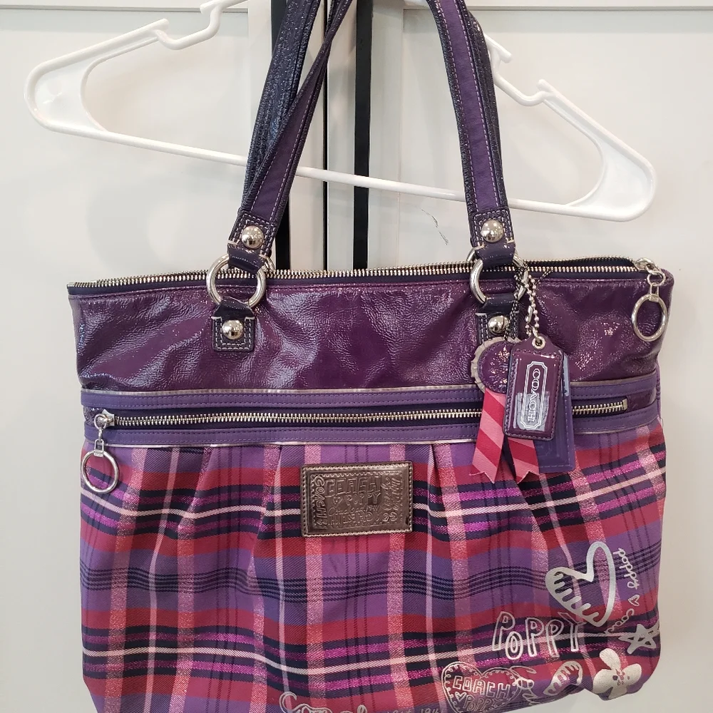 Coach Poppy Purple Plaid Tartan Glam Tote - Picture 1 of 16
